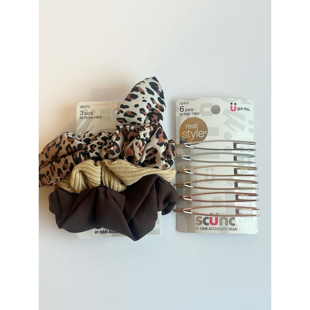 Scunci 3pc Leopard Scrunchies and 6pc Metallic Bobby Pins Hair Accessory Set